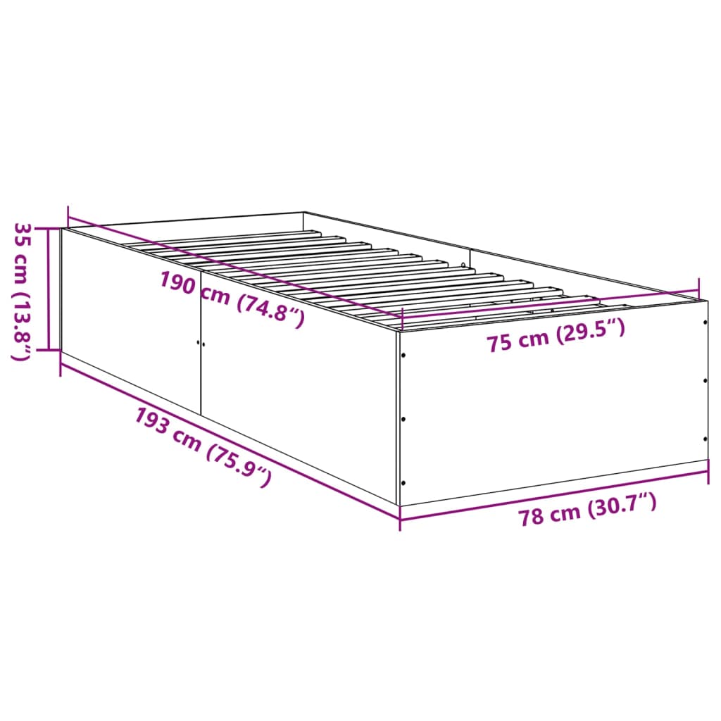 sengeramme 75x190 cm uden madras konstrueret træ brunt eg