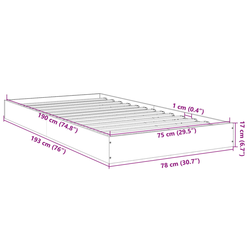 sengeramme 75x190 cm konstrueret træ grå sonoma-eg