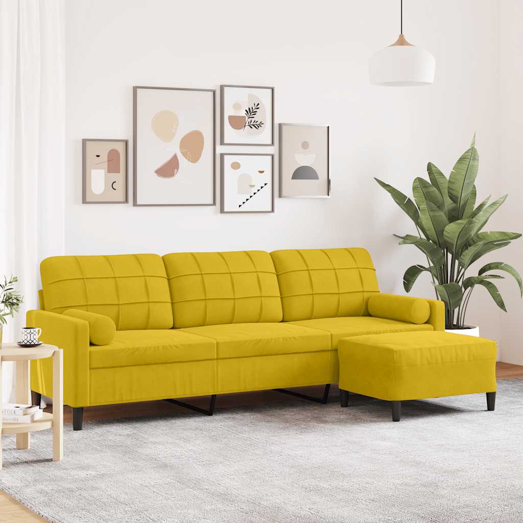 3-personers sofa med fodskammel 210 cm i fløjl gul