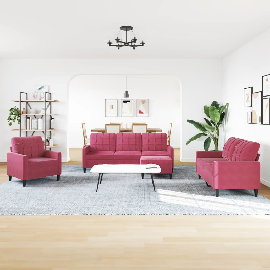 sofasæt 4 dele med hynder velour vinrød