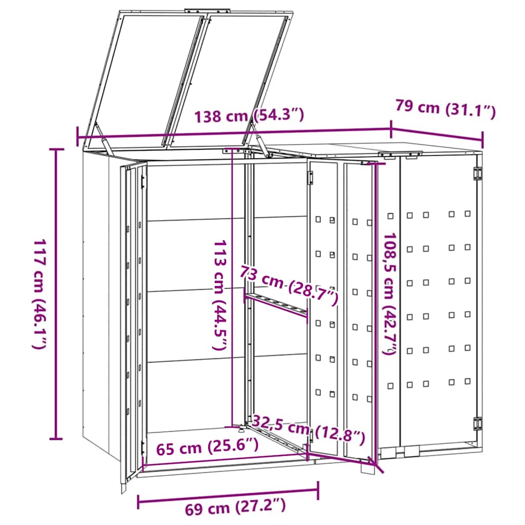 skraldespandsskjuler 138x79x117 cm 2 rum stål sort