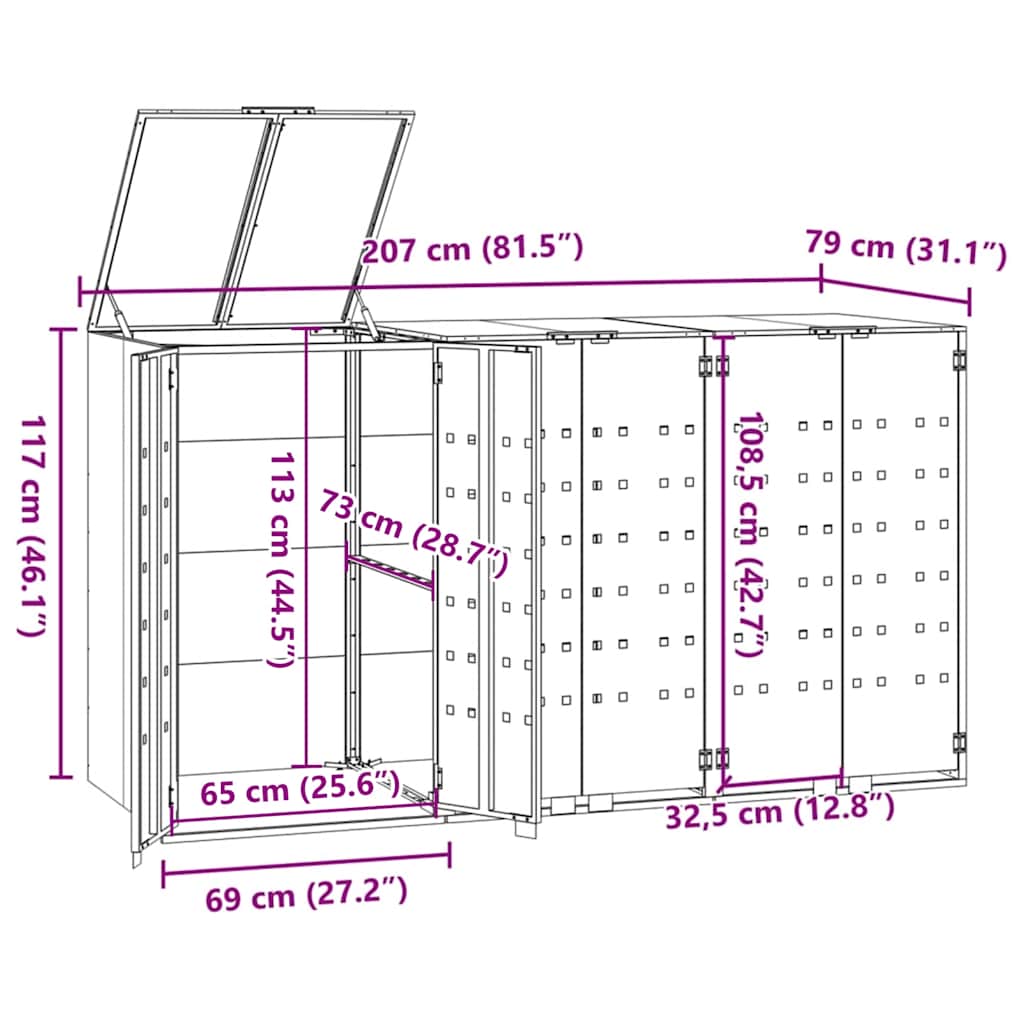 skraldespandsskjuler 207x79x117 cm 3 rum stål sort
