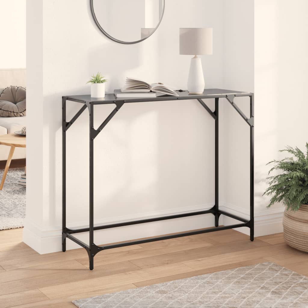 konsolbord med sort glastop 98x35x81 cm stål billede
