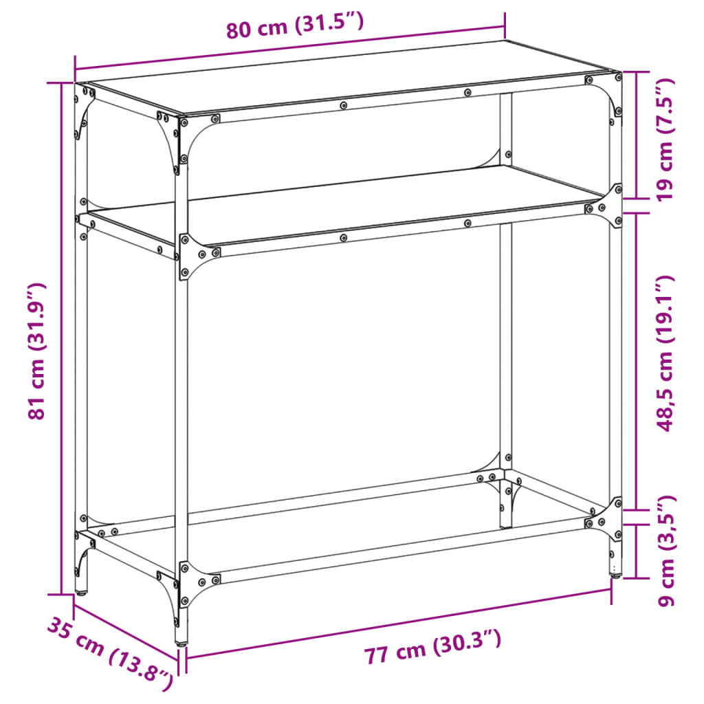 konsolbord med sort glastop 80x35x81 cm stål
