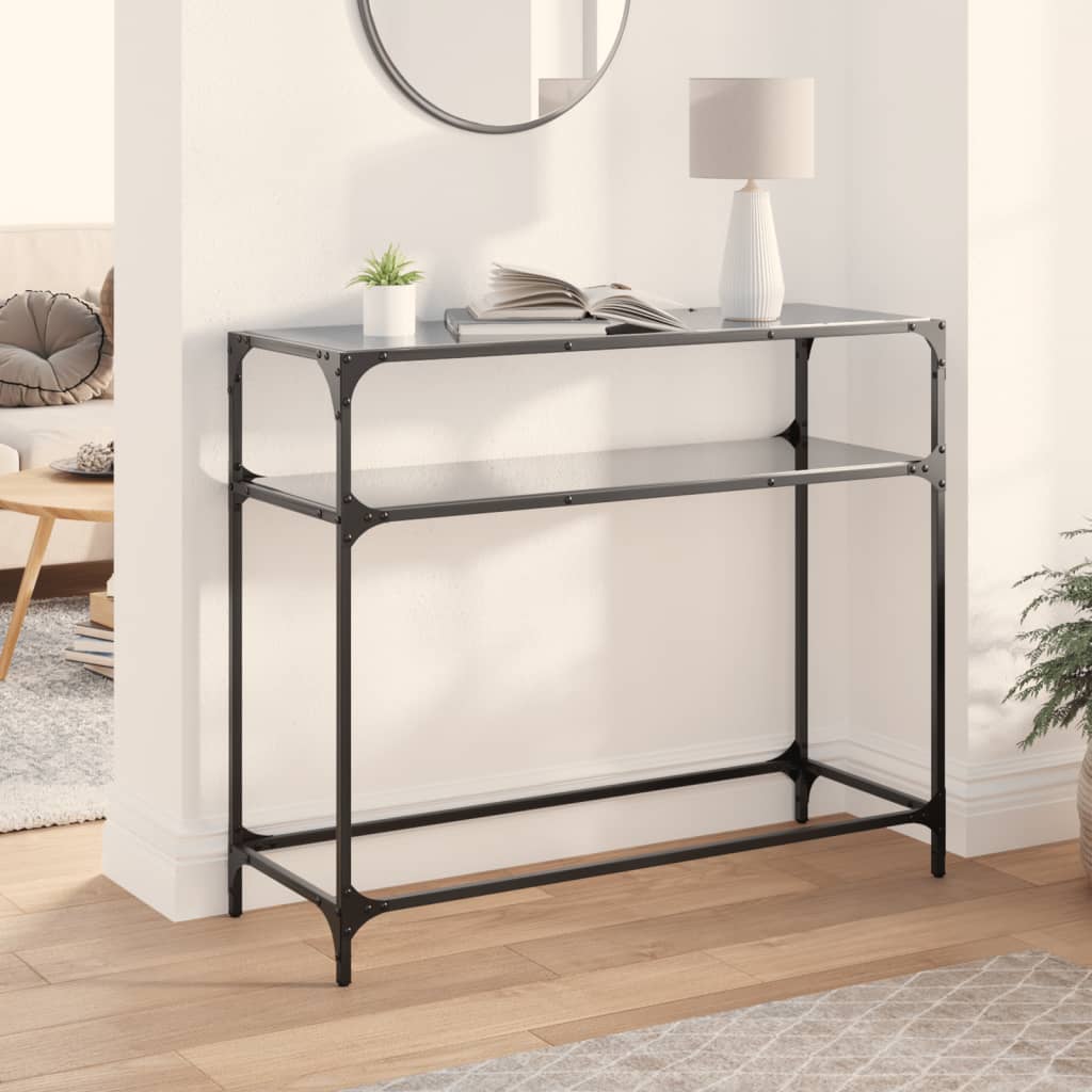 konsolbord med sort glastop 98x35x81 cm stål billede