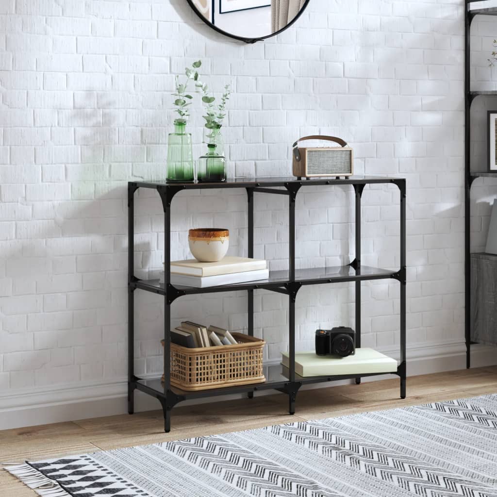 konsolbord med sort glastop 98x30x81 cm stål billede