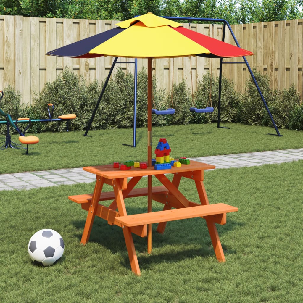 picnicbord til 4 børn m. parasol massivt grantræ billede