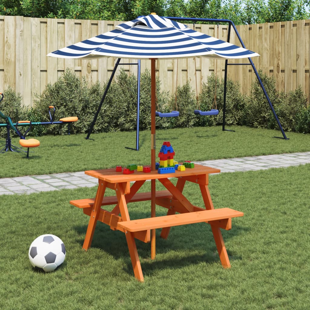 picnicbord til 4 børn m. parasol massivt grantræ billede