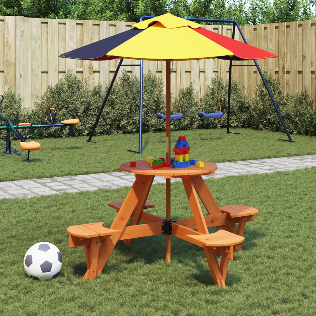 picnicbord til 4 børn m. parasol rundt massivt grantræ billede