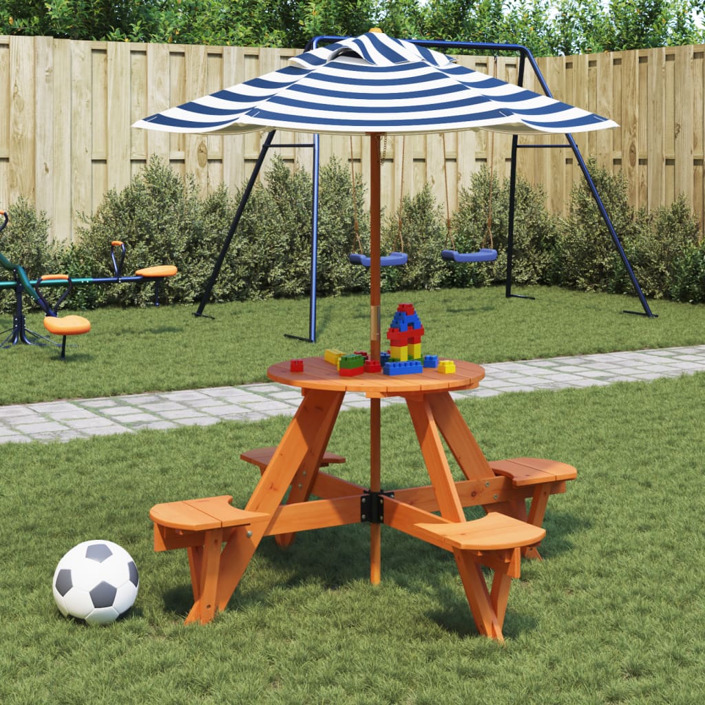 Picnicbord til 4 børn med parasol - rundt massivt grantræ, brun/blå-hvid