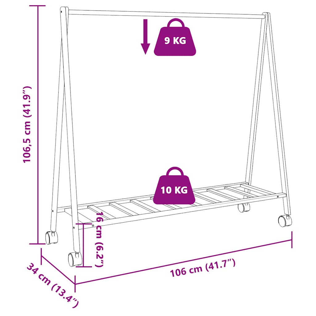 tøjstativ med hylder og hjul 106x34x106,5 cm bambus