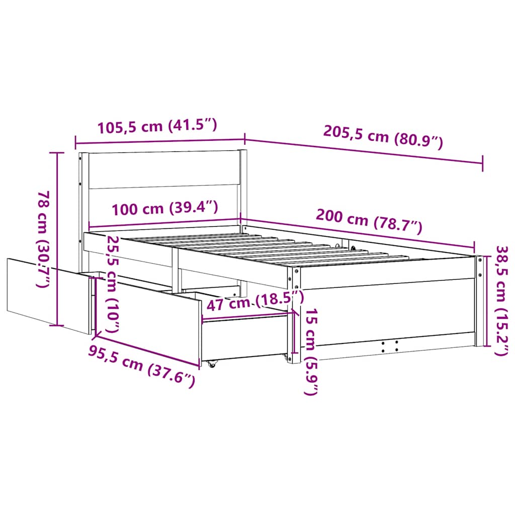 sengeramme uden madras 100x200 cm massivt fyrretræ hvid