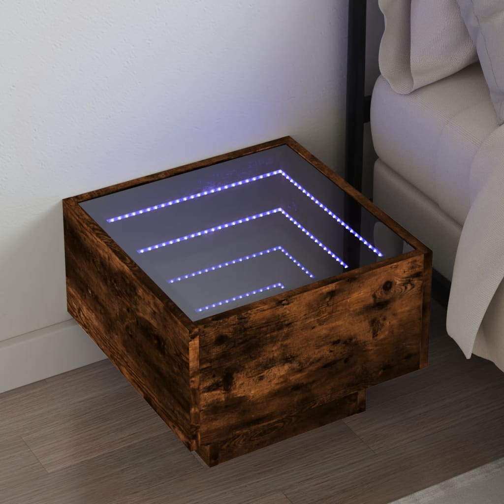 sengebord med Infinity LED-lys 40x40x30 cm røget egetræsfarve billede