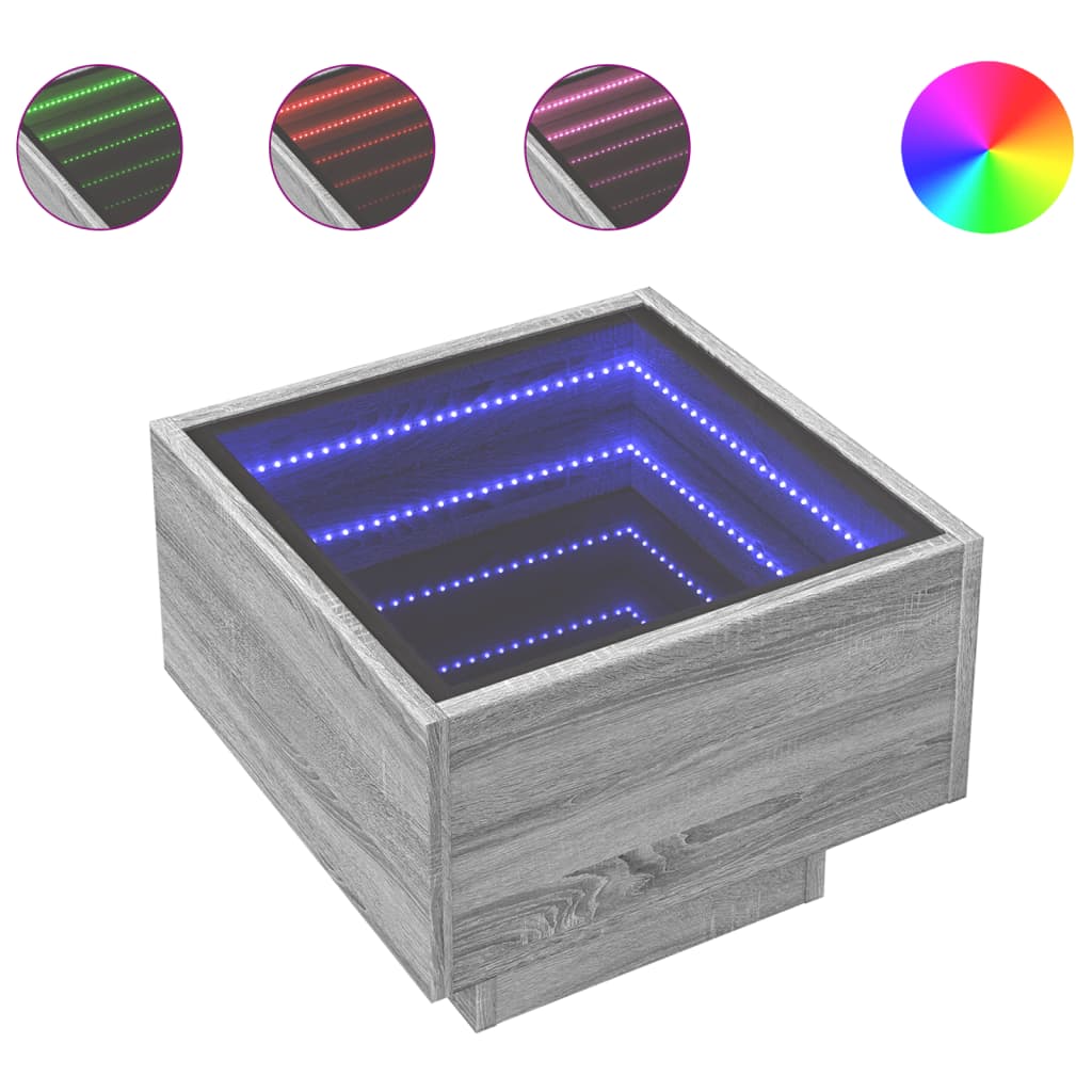 sofabord med Infinity LED-lys 40x40x30 cm grå sonoma-eg