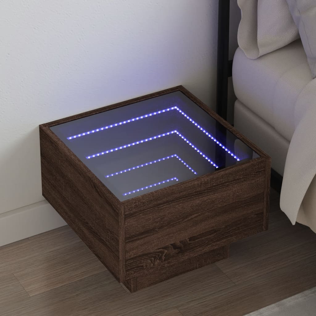 sengebord med Infinity LED-lys 40x40x30 cm brun egetræsfarve billede