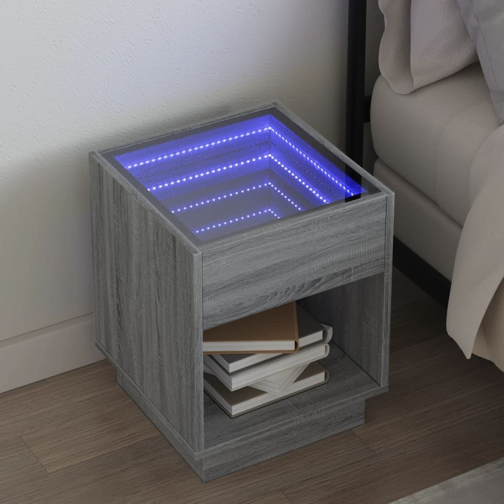 sofabord med Infinity LED-lys 40x40x50 cm grå sonoma-eg