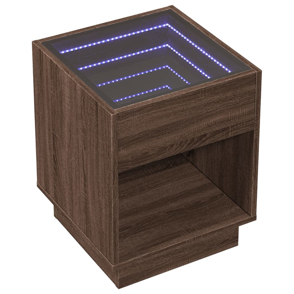 sengebord med Infinity LED-lys 40x40x50 cm brun egetræsfarve