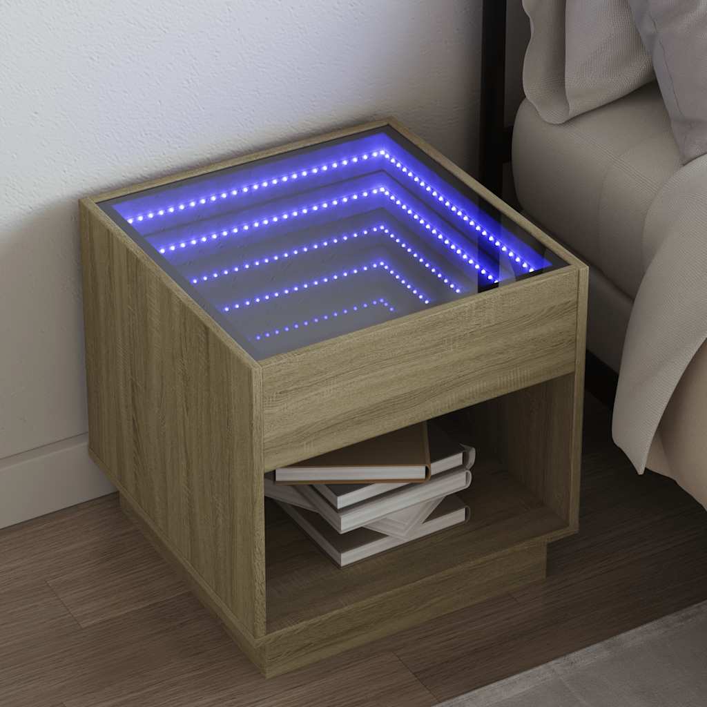 sengebord med Infinity LED-lys 50x50x50 cm sonoma-eg