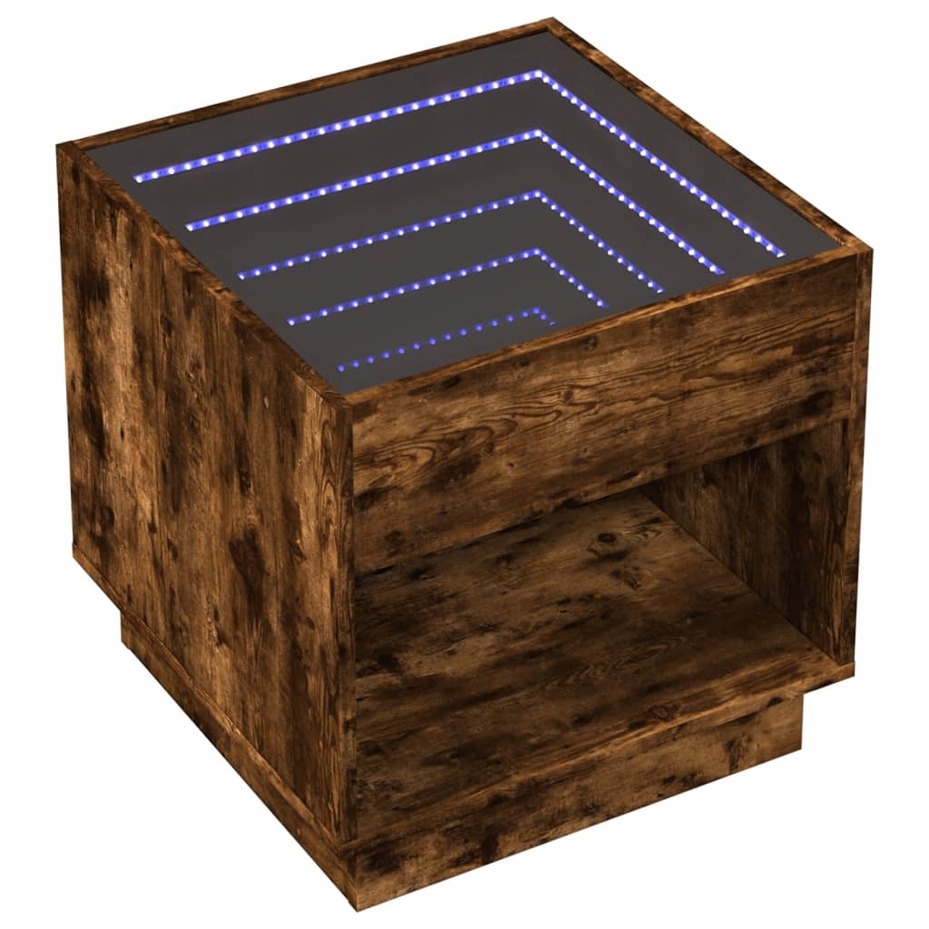 sengebord med Infinity LED-lys 50x50x50 cm røget egetræsfarve
