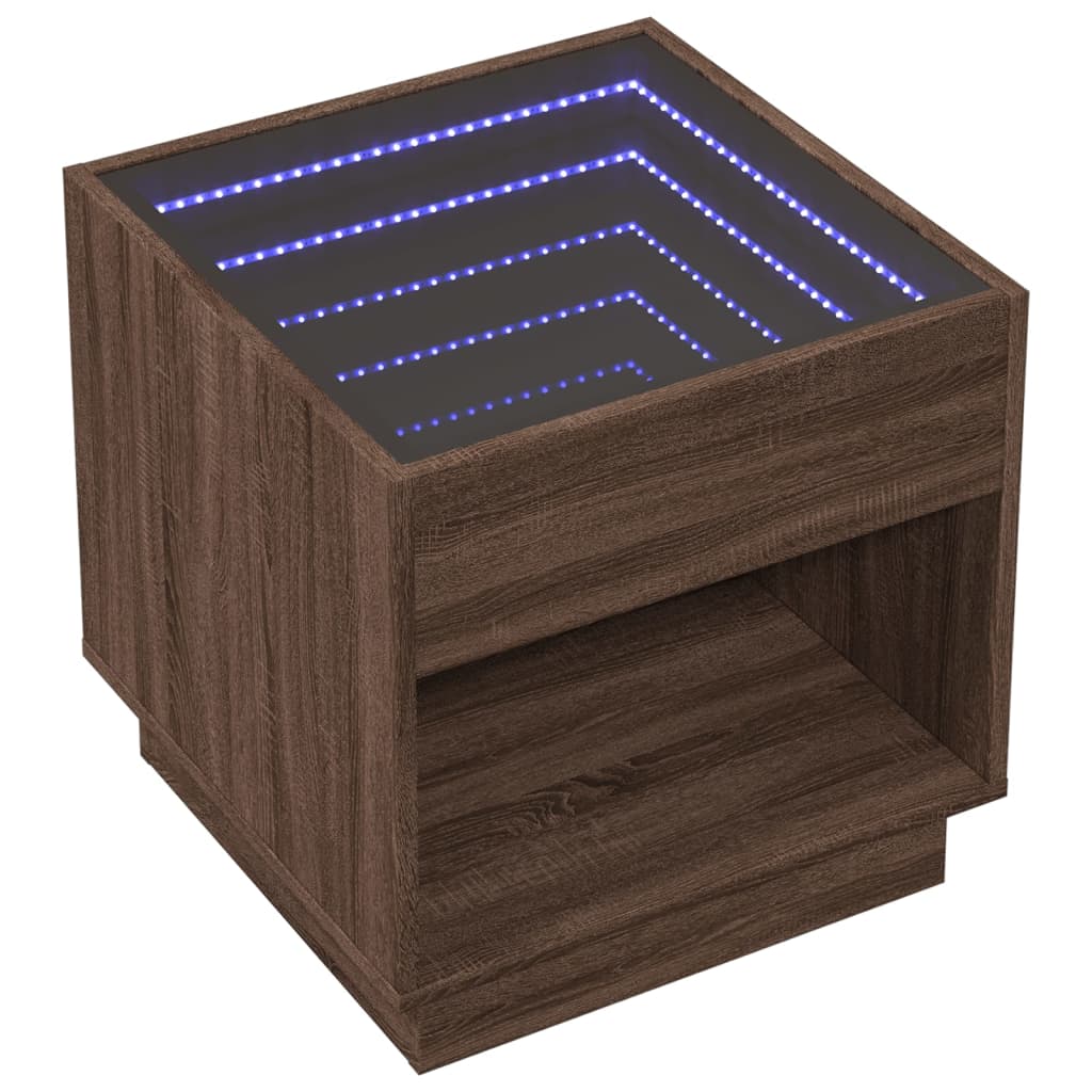 sengebord med Infinity LED-lys 50x50x50 cm brun egetræsfarve