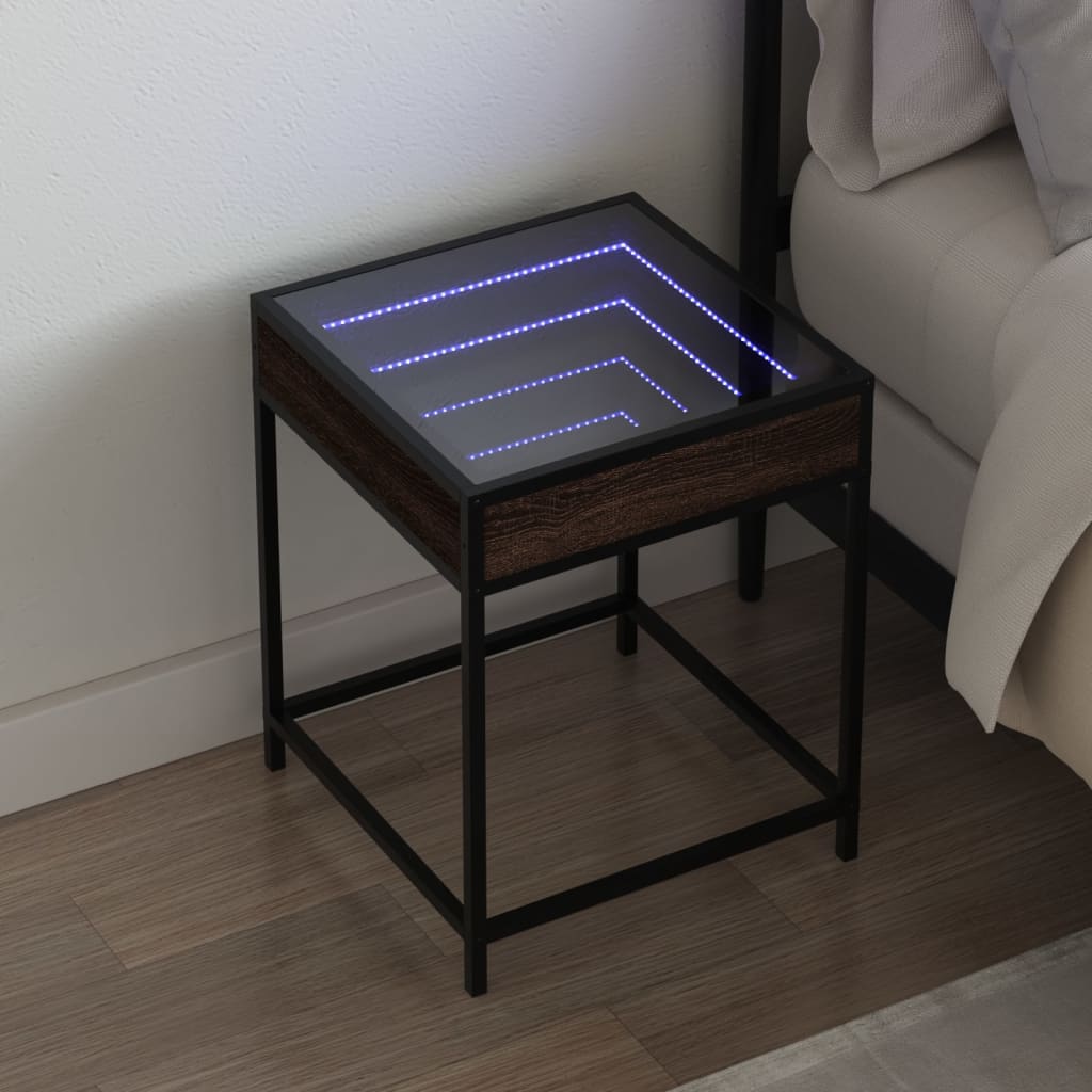 sengebord med Infinity LED-lys 40x40x51 cm brun egetræsfarve billede