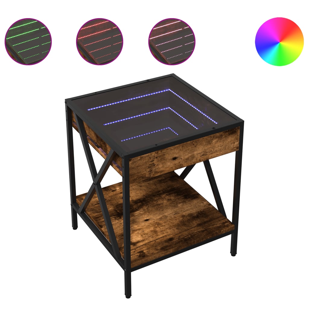 sengebord med Infinity LED-lys 40x40x49 cm røget egetræsfarve