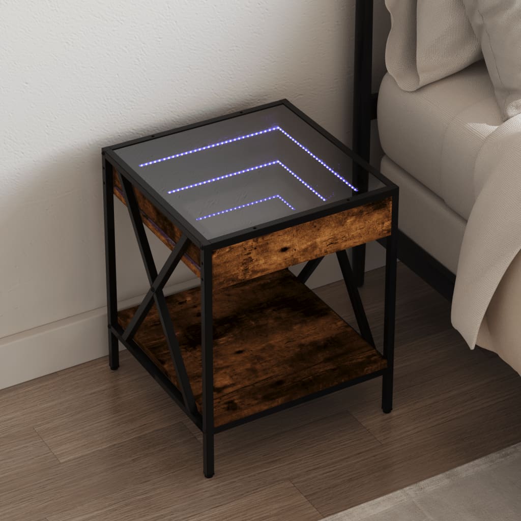 sengebord med Infinity LED-lys 40x40x49 cm røget egetræsfarve billede