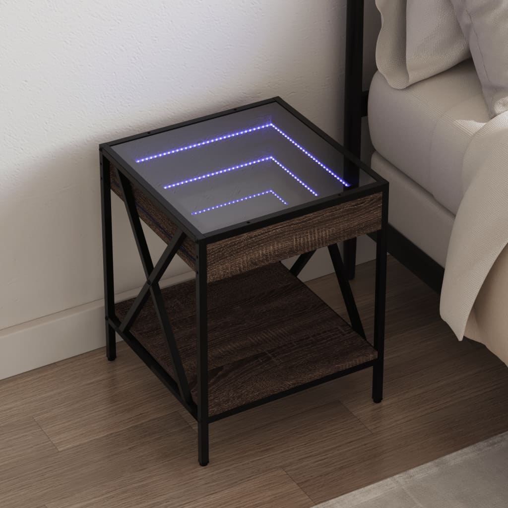 sengebord med Infinity LED-lys 40x40x49 cm brun egetræsfarve billede
