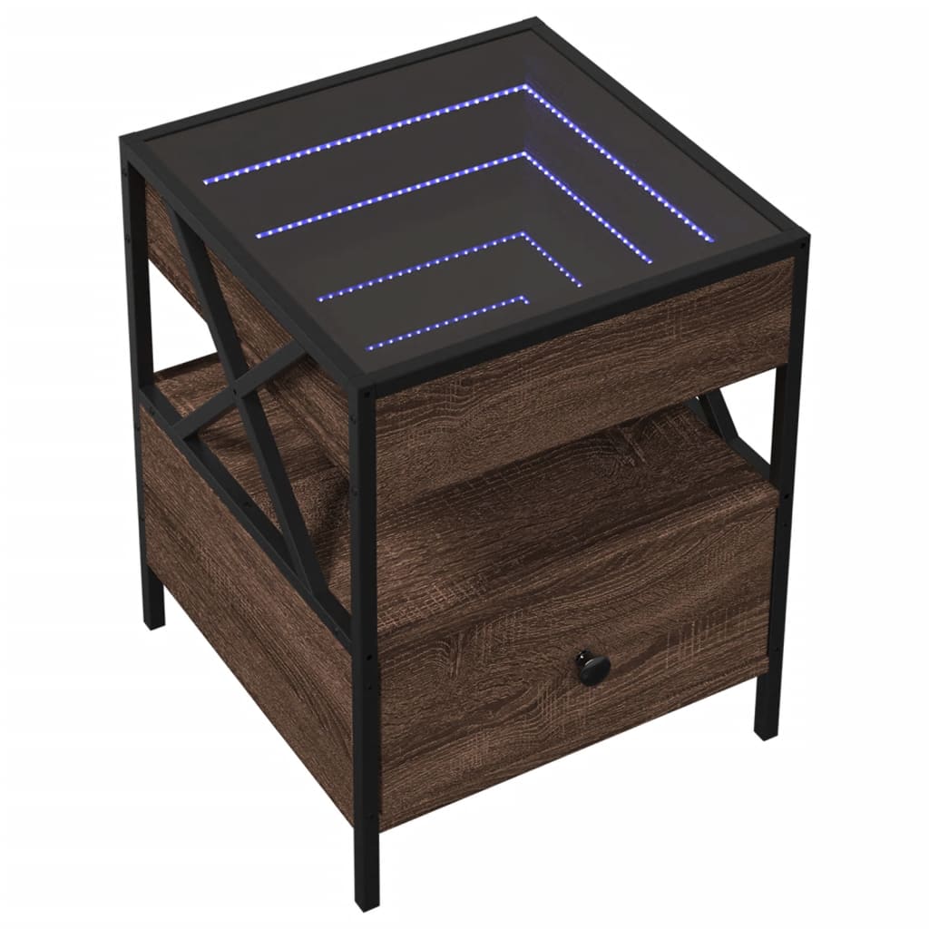 sengebord med Infinity LED-lys 40x40x51 cm brun egetræsfarve