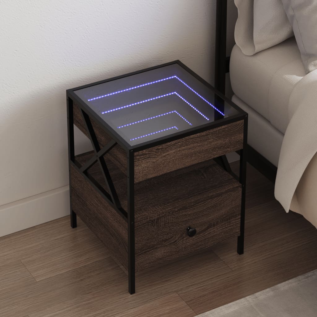 sengebord med Infinity LED-lys 40x40x51 cm brun egetræsfarve billede