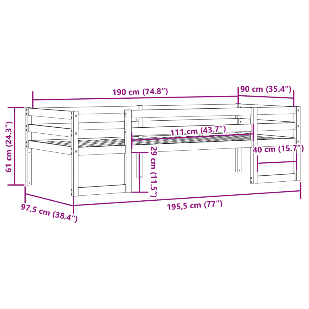 sengeramme til juniorseng 90x190 cm massivt fyrretræ gyldenbrun