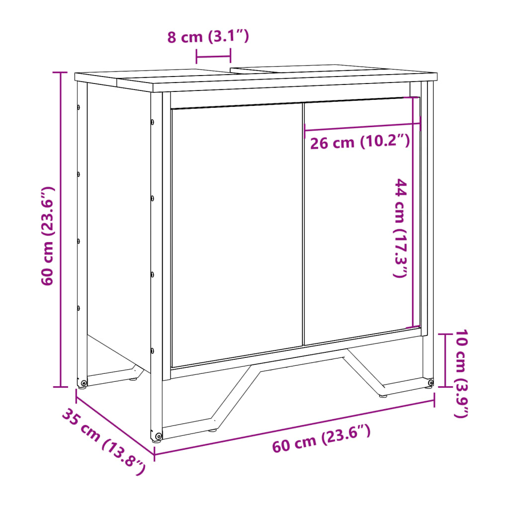 underskab til vask 60x35x60 cm konstrueret træ grå sonoma-eg