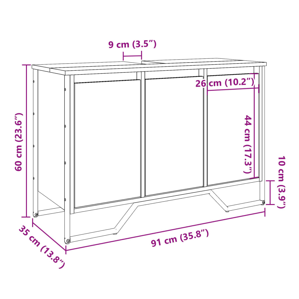 underskab til håndvask 91x35x60 cm konstrueret træ brunt eg