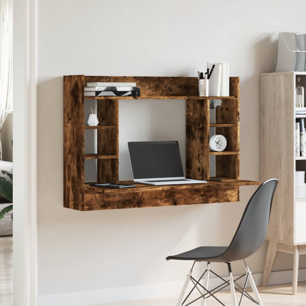 væghængt skrivebord 105x48x75 cm konstrueret træ røget egetræ