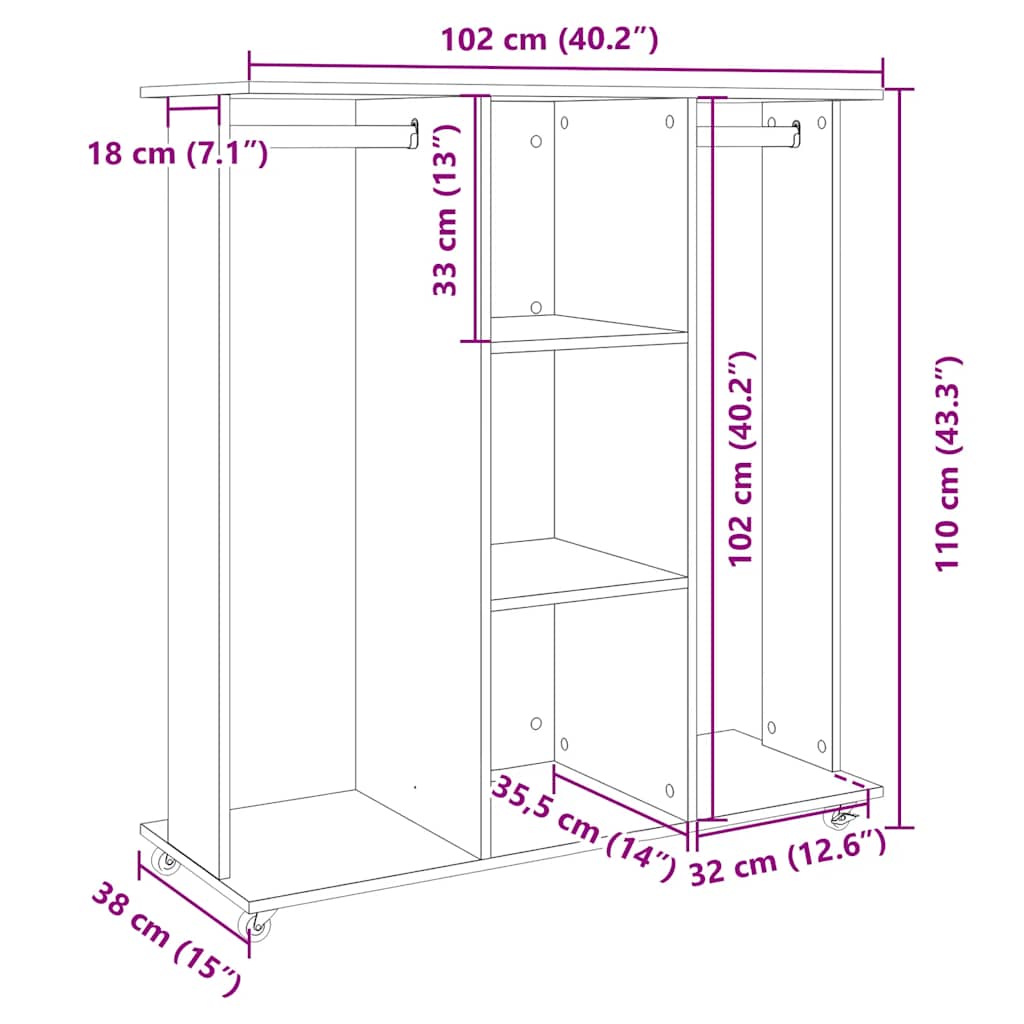 klædeskab med hjul 102x38x110 cm konstrueret træ grå sonoma-eg