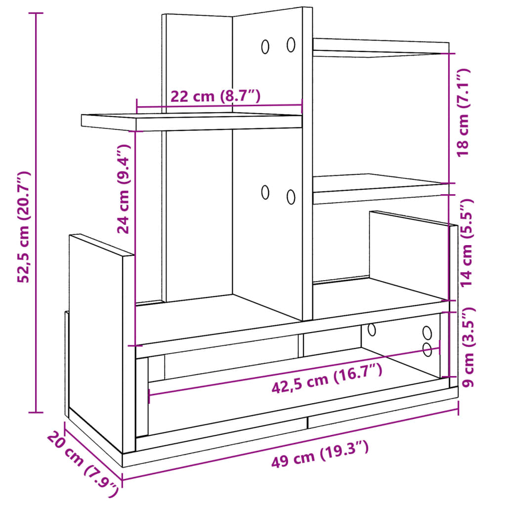 hylde til skrivebord 49x20x52,5 cm konstrueret træ brunt eg