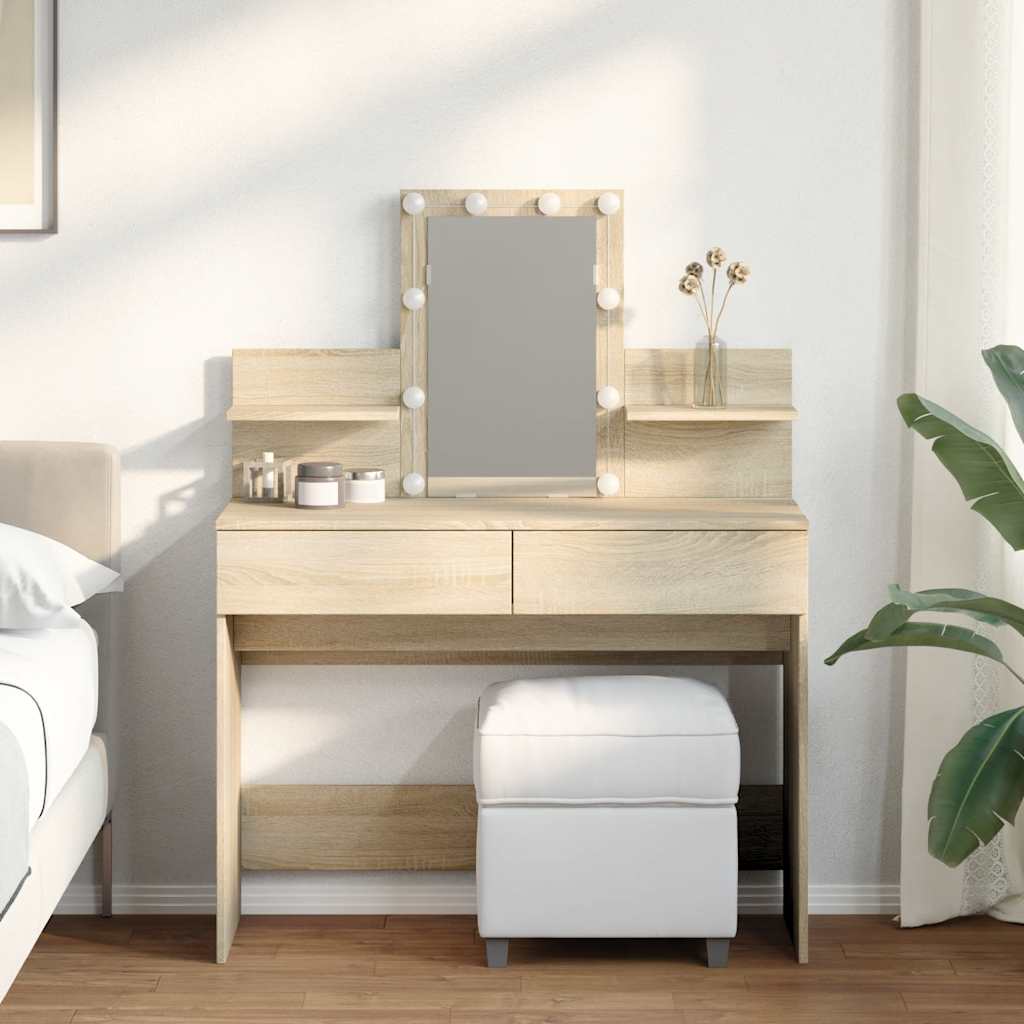 makeupbord med LED-lys 100x40x130 cm brun sonoma-eg billede