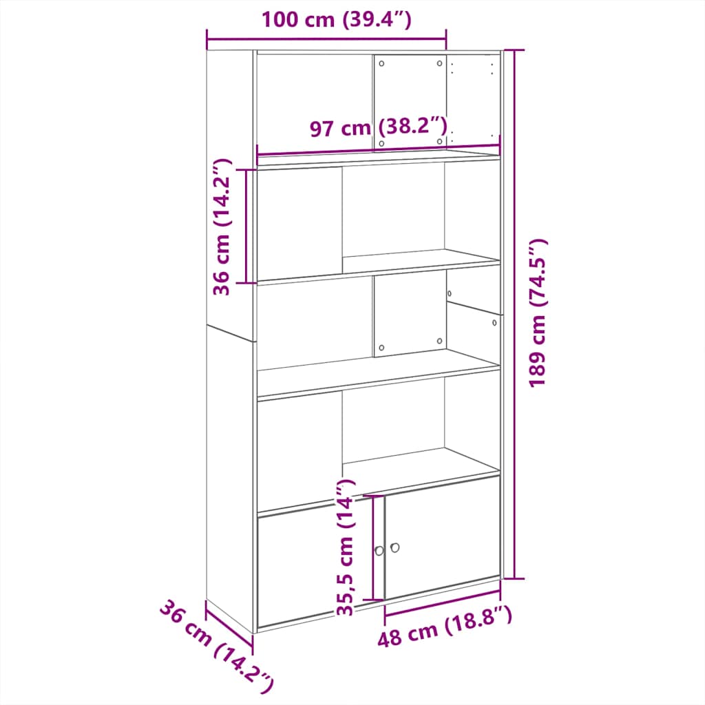 bogreol 100x36x189 cm konstrueret træ sonoma-eg