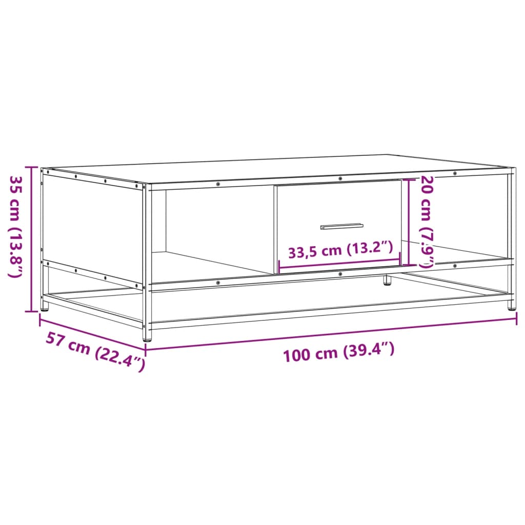 sofabord 100x57x35 cm konstrueret træ og metal brunt egetræ