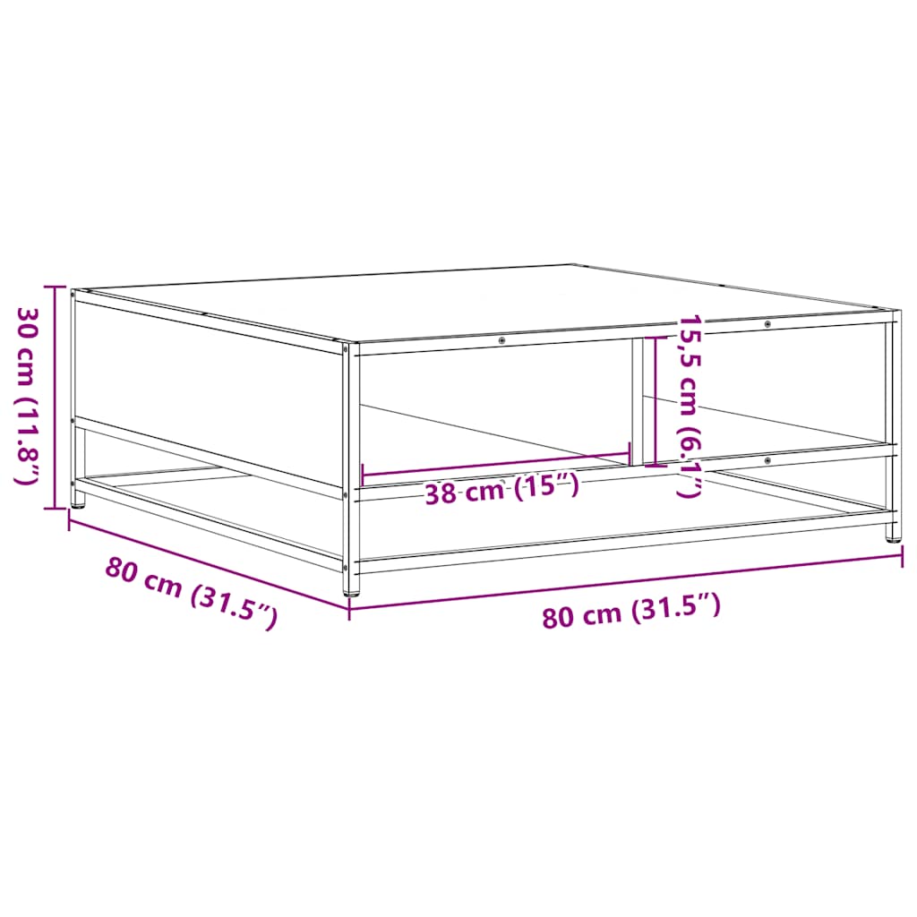 sofabord 80x80x30 cm konstrueret træ og metal sort