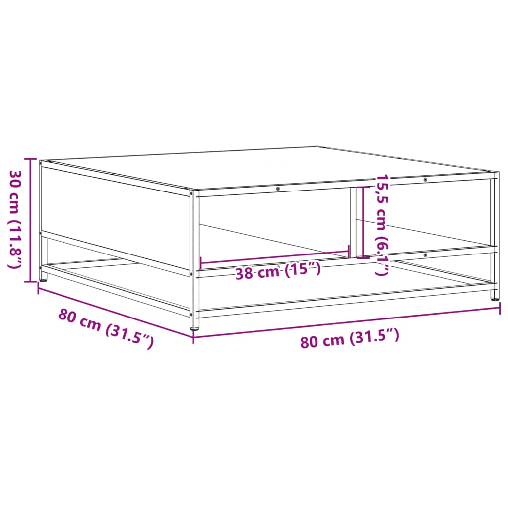 sofabord 80x80x30 cm konstrueret træ og metal brunt eg