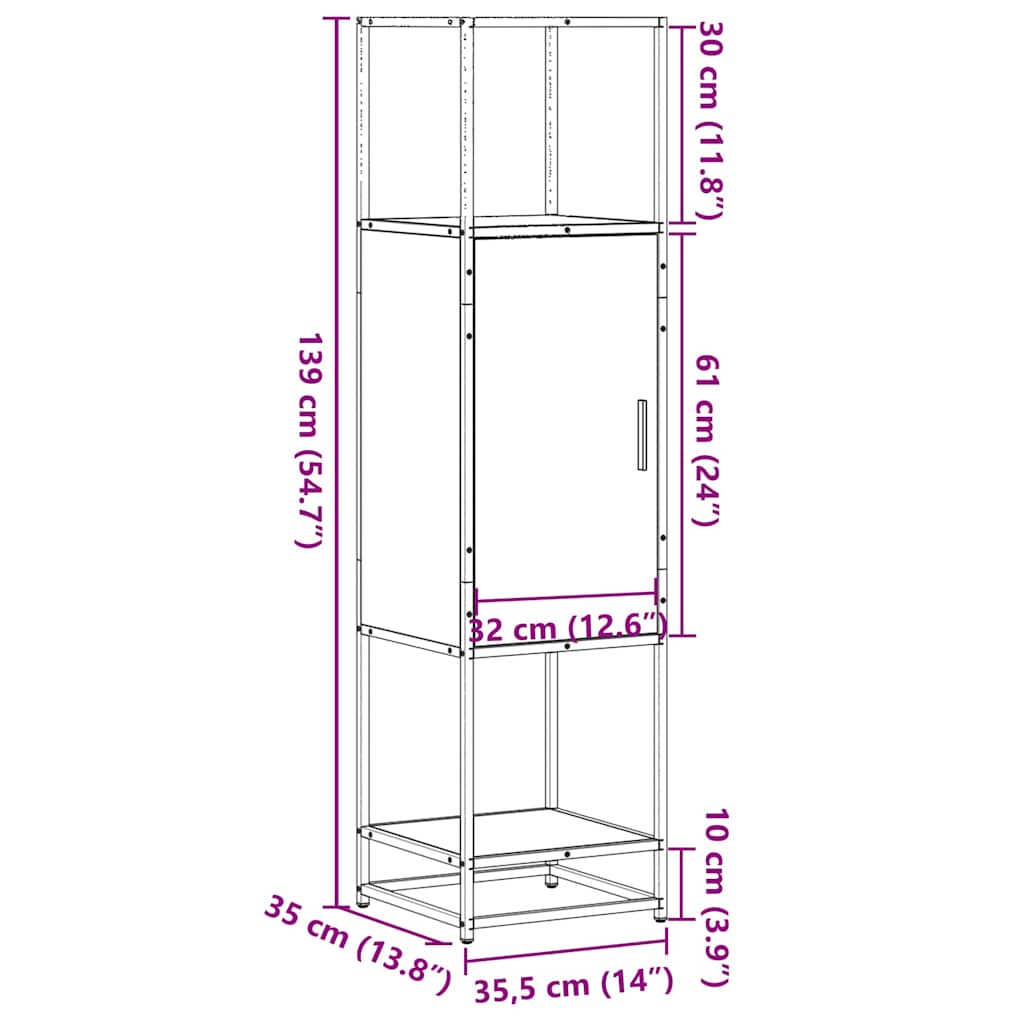skab brun egetræ 35,5x35x139 cm konstrueret træ og metal