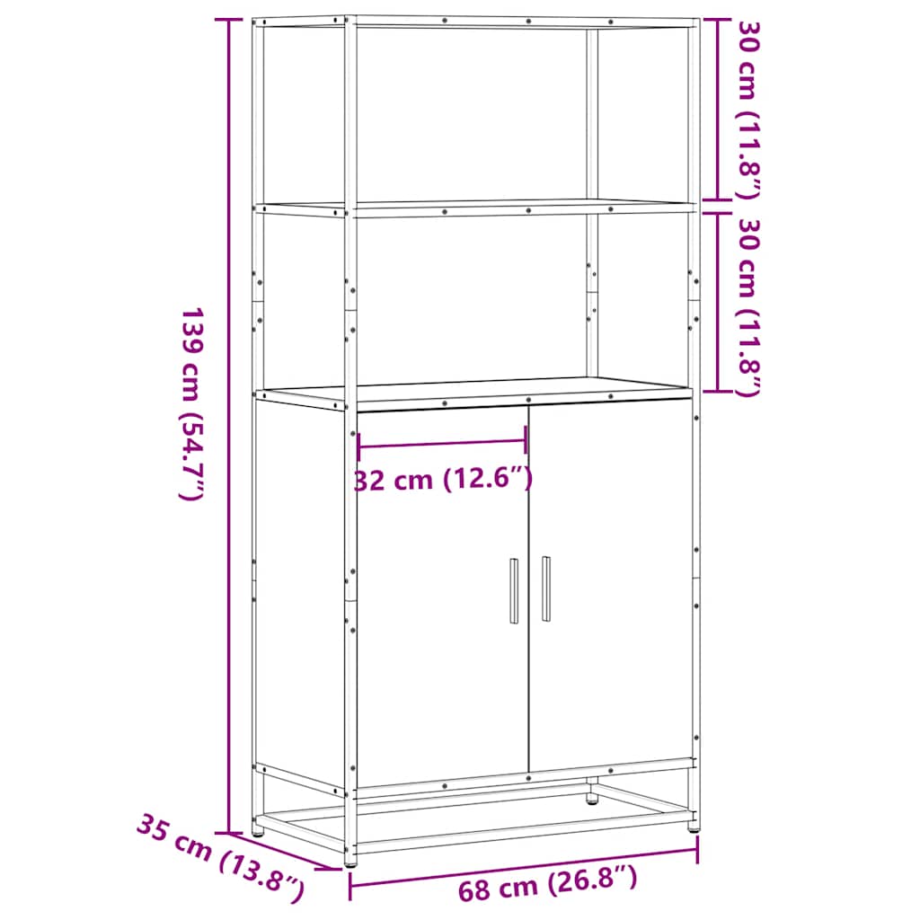skab brun egetræ 68x35x139 cm konstrueret træ og metal
