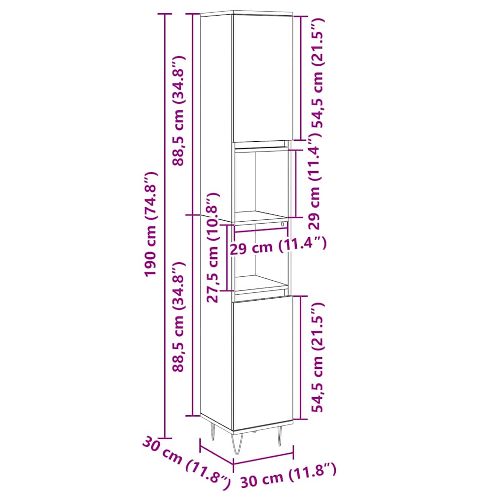 badeværelsesskab 30x30x190 cm konstrueret træ sonoma-eg