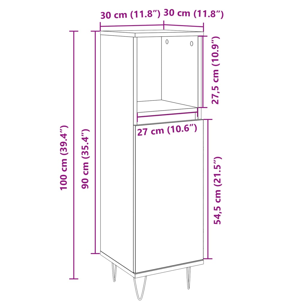 badeværelsesskab 30x30x100 cm konstrueret træ sonoma-eg