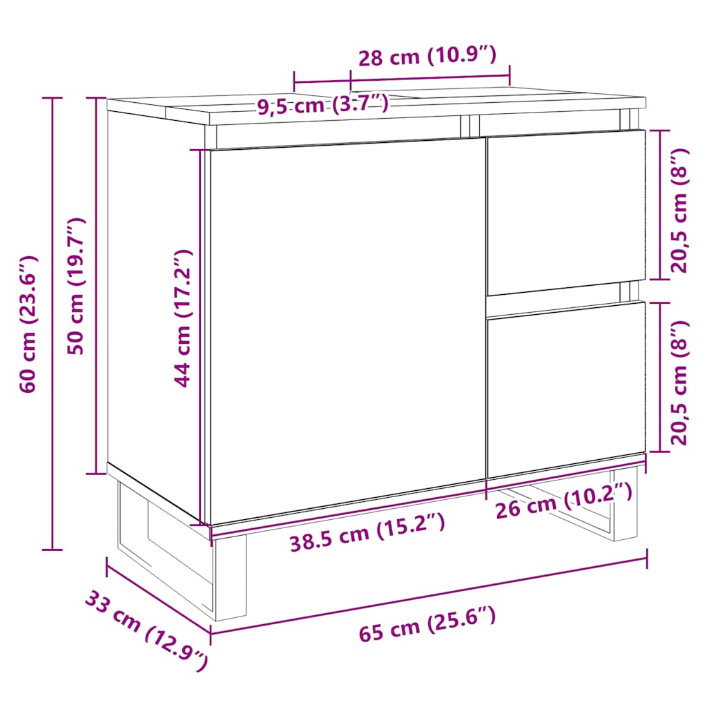 badeværelsesskab 65x33x60 cm konstrueret træ sonoma-eg