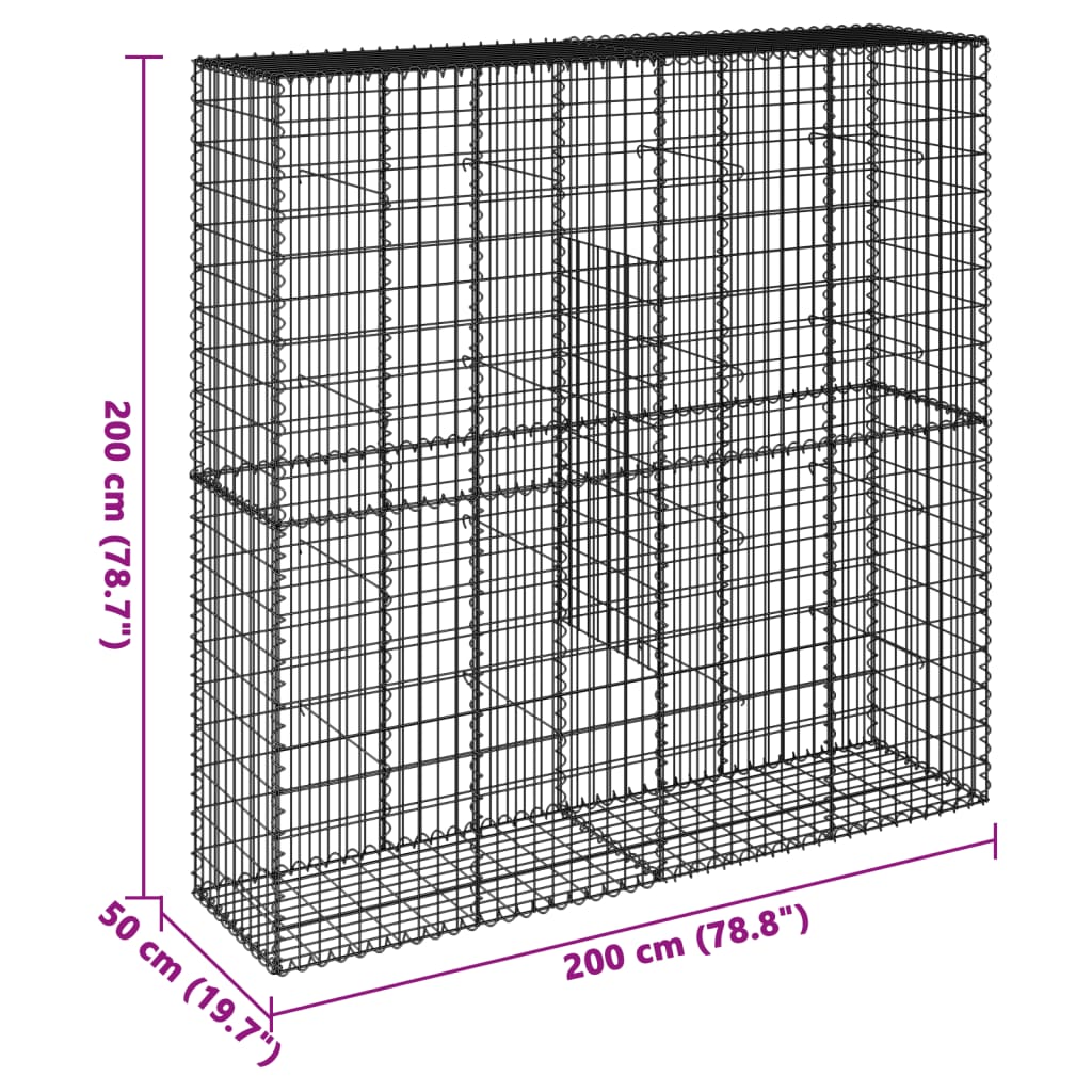 gabionkurv med cover 200x50x200 cm galvaniseret jern