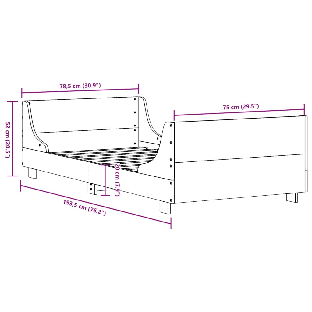 sengeramme uden madras 75x190 cm massivt fyrretræ hvid