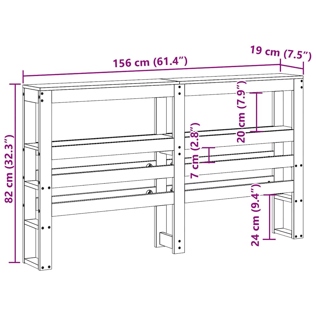 sengegavl med hylder 150 cm massivt fyrretræ