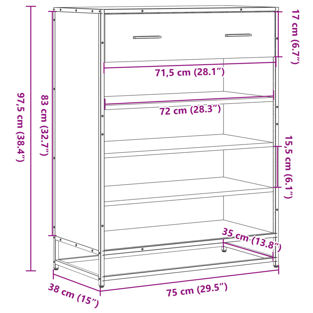 skoskab 75x38x97,5 cm konstrueret træ og metal grå sonoma-eg
